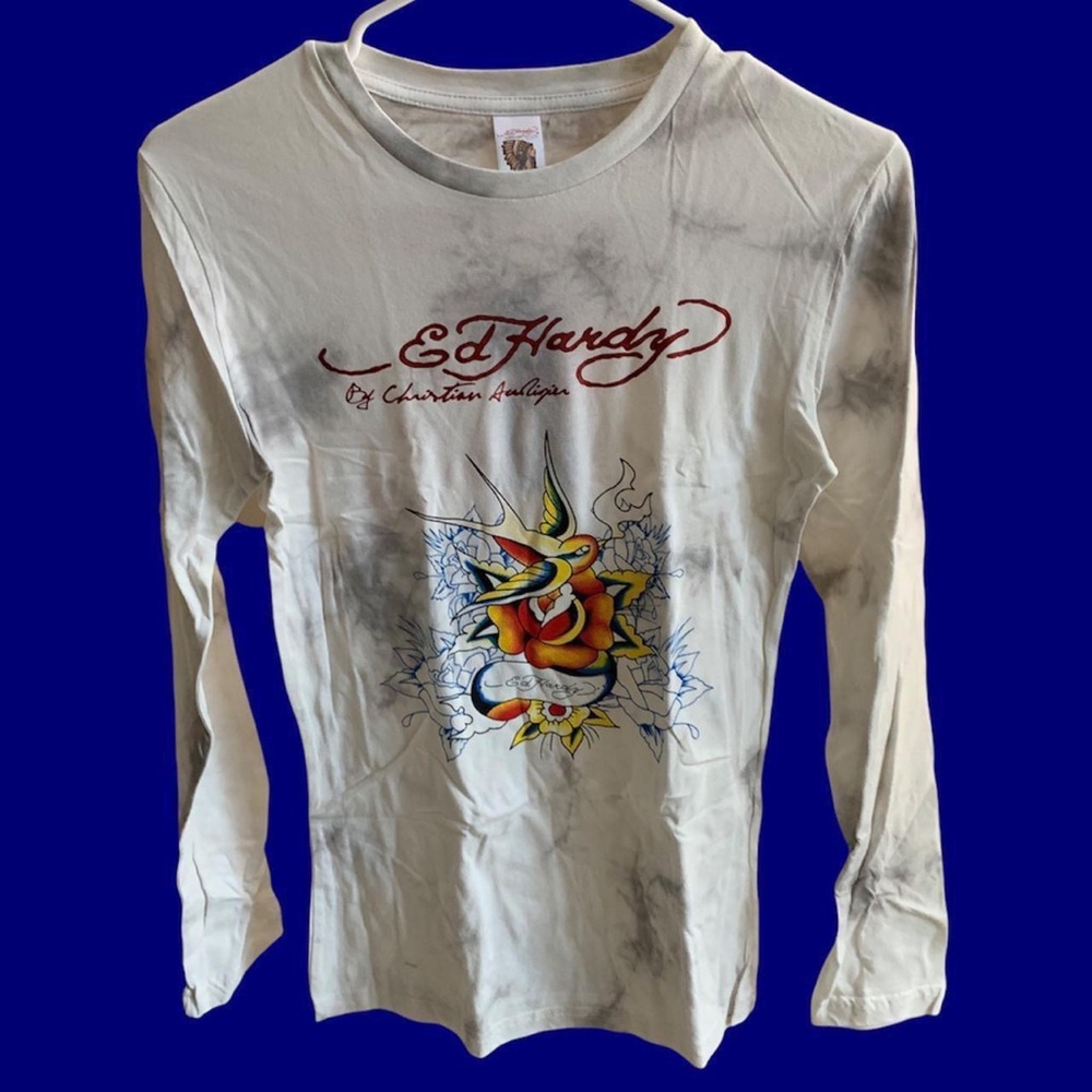 The most gorgeous tie dye grey and white Ed Hardy long sleeve shirt!
